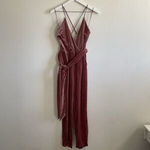 Express Velvet Jumpsuit Pink Plunge Neckline Wrap Tie Belted Pockets Size 2